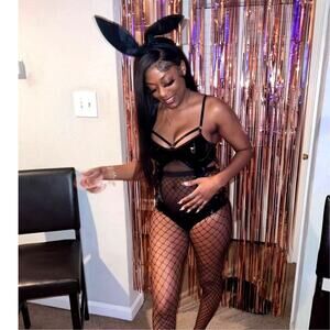 New Medium Vegan Leather Black Bunny Bodysuit Halloween‎ Costume Set Cosplay